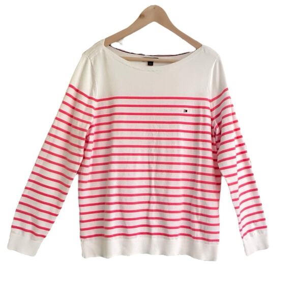 Tommy Hilfigur Striped Boatneck Cotton Blend Sweater Large Pink White Preppy - Picture 1 of 4